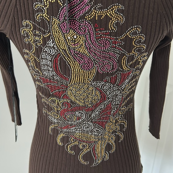 Ed Hardy Brown Ribbed Rhinestone Cold Shoulder Sweater - Picture 5 of 12